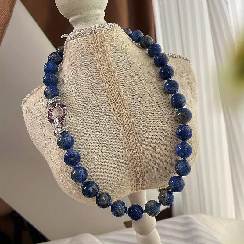 Elegant Natural Lapis Lazuli Necklace – 12mm Gemstone Beads with Luxury Clasp