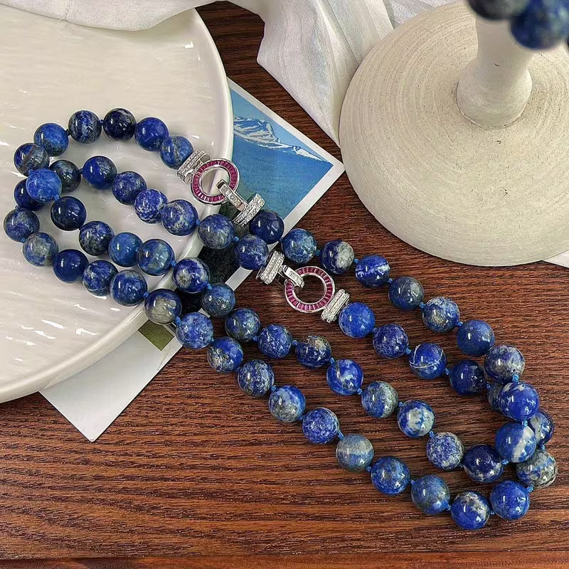 Elegant Natural Lapis Lazuli Necklace – 12mm Gemstone Beads with Luxury Clasp