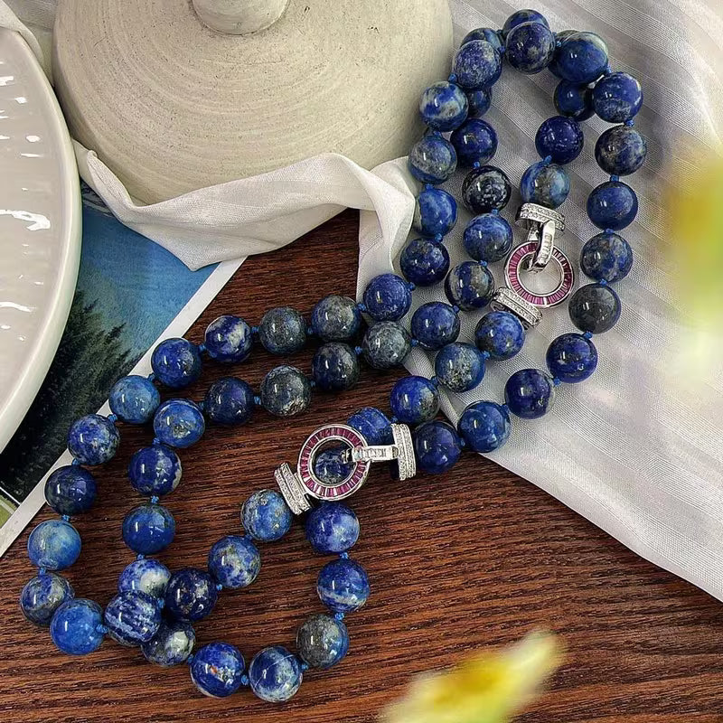 Elegant Natural Lapis Lazuli Necklace – 12mm Gemstone Beads with Luxury Clasp