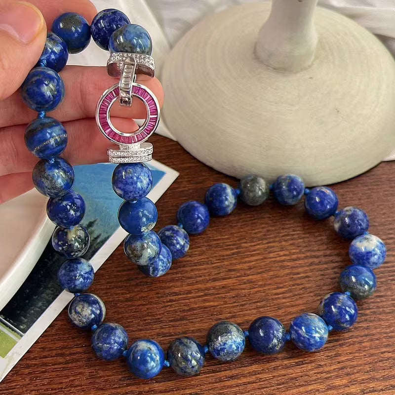 Elegant Natural Lapis Lazuli Necklace – 12mm Gemstone Beads with Luxury Clasp