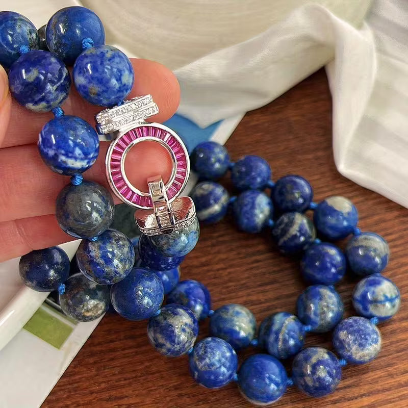 Elegant Natural Lapis Lazuli Necklace – 12mm Gemstone Beads with Luxury Clasp